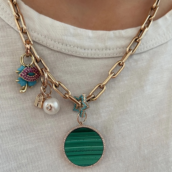 Curated by AB Malachite Coin Charm with Diamond Frame - Picture 1 of 7